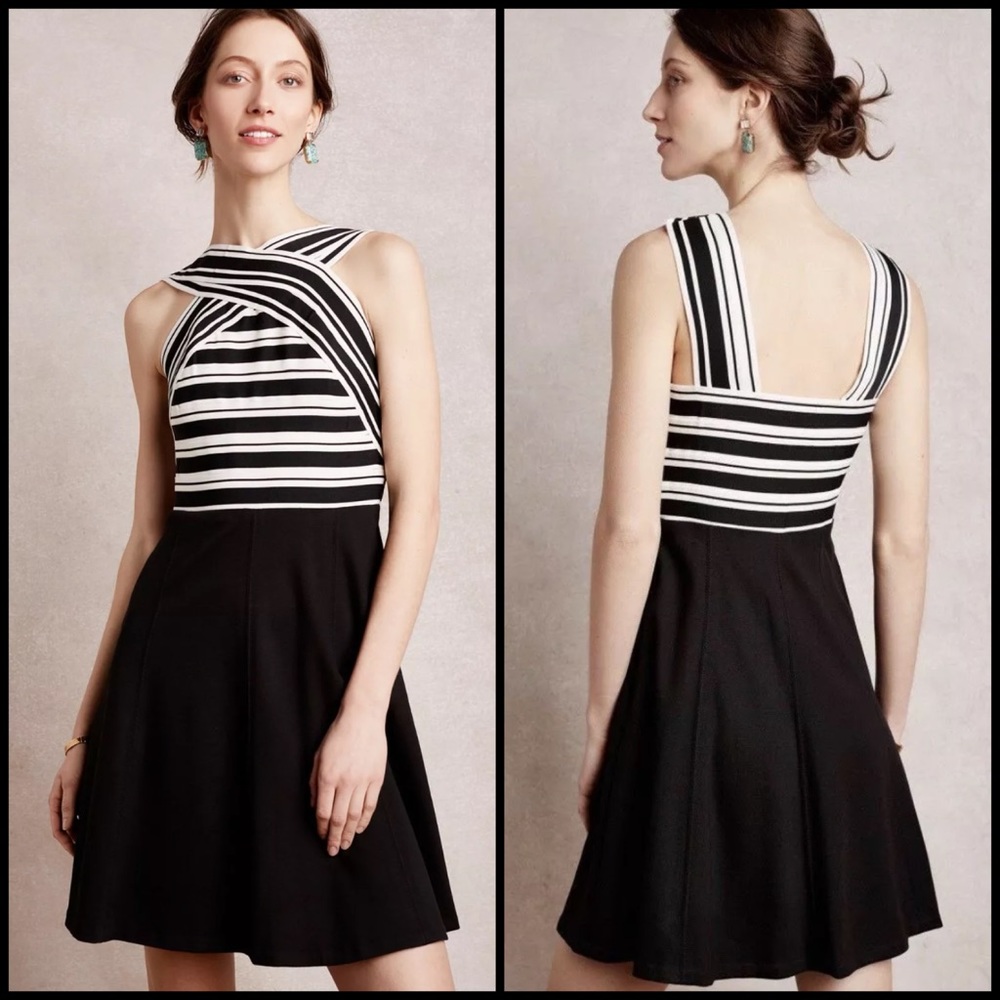 Anthro Maeve Bandage Stripe High Neck A-Line Flare Dress